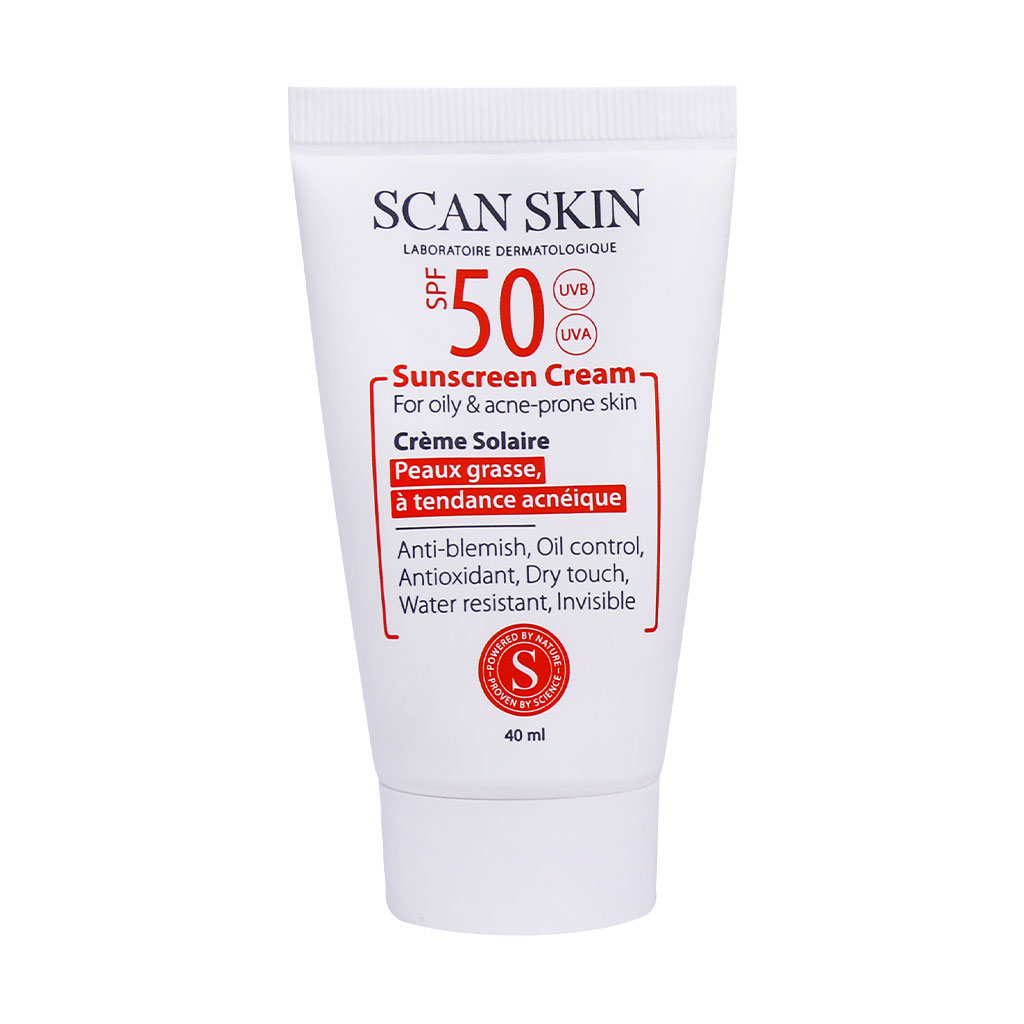 کرم ضدآفتاب SPF50 بی رنگ پوست چرب و مستعد آکنه اسکن اسکین